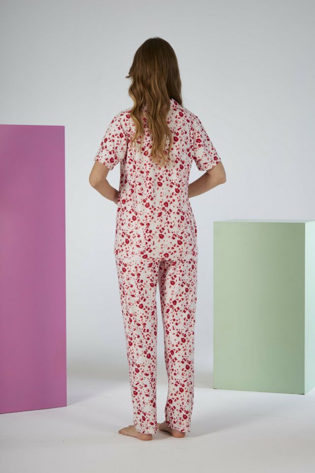 Kadın Yazlık Desenli Önden Düğmeli Kısa Kollu Marla Pijama Takımı - Kırmızı