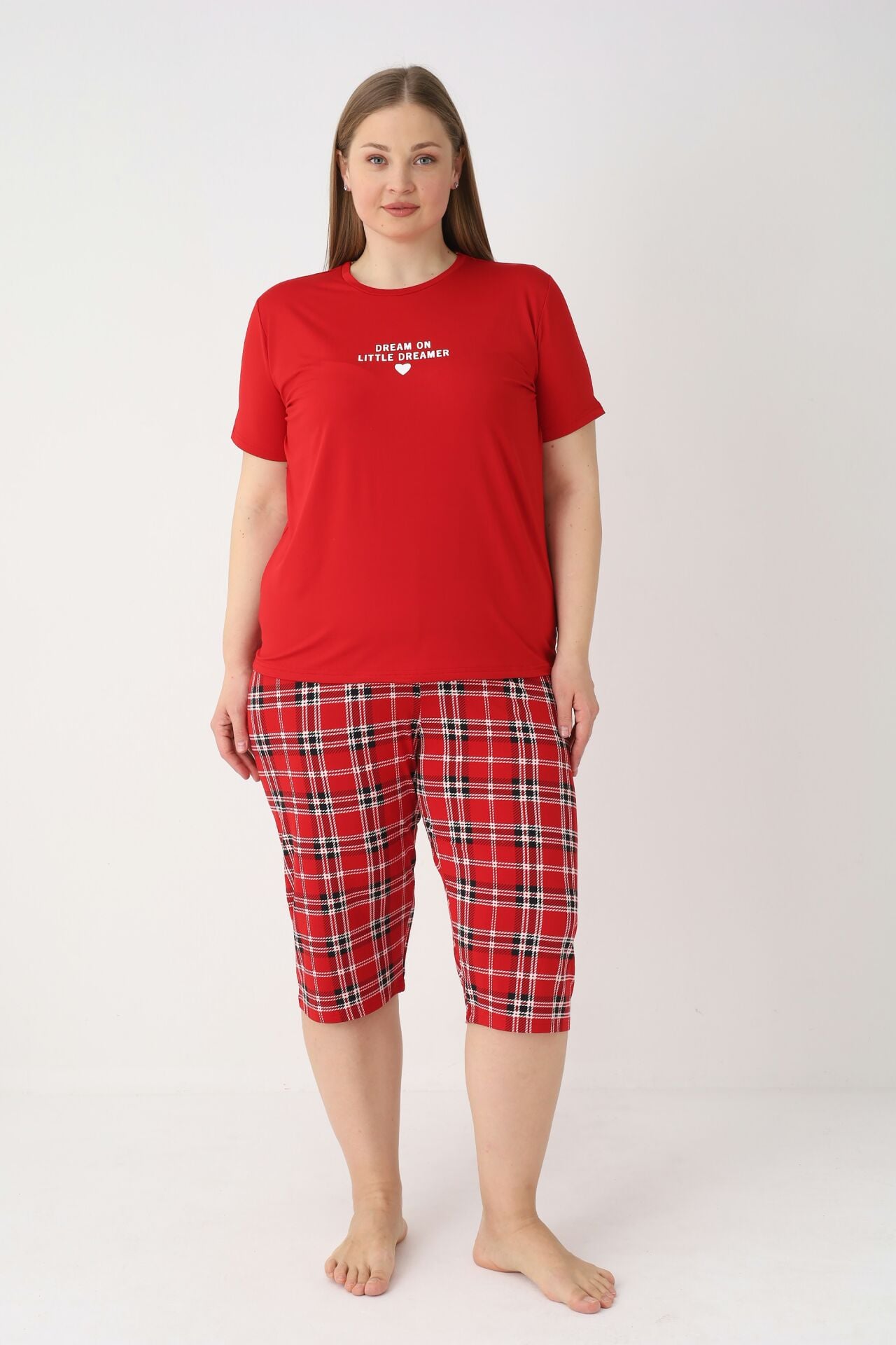 Estiva Kadın Kareli Alt Desenli Kırmızı Kısa Kollu Kaprili Soft Battal Pijama Takımı