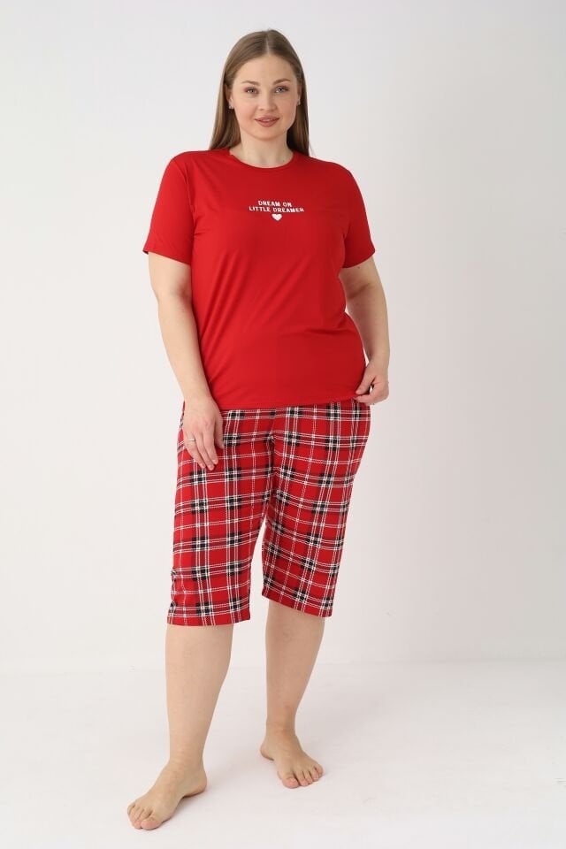 Estiva Kadın Kareli Alt Desenli Kırmızı Kısa Kollu Kaprili Soft Battal Pijama Takımı