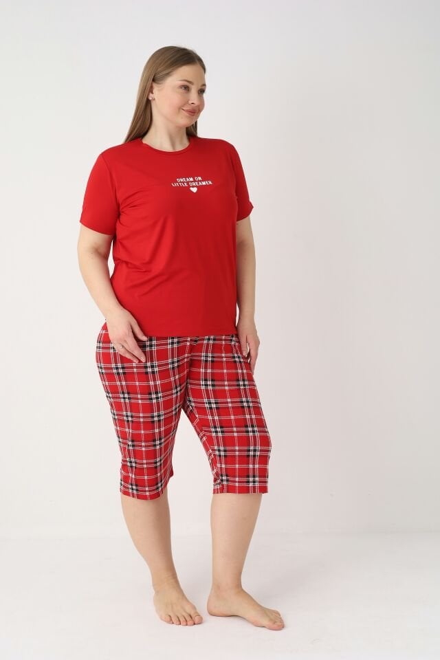Estiva Kadın Kareli Alt Desenli Kırmızı Kısa Kollu Kaprili Soft Battal Pijama Takımı