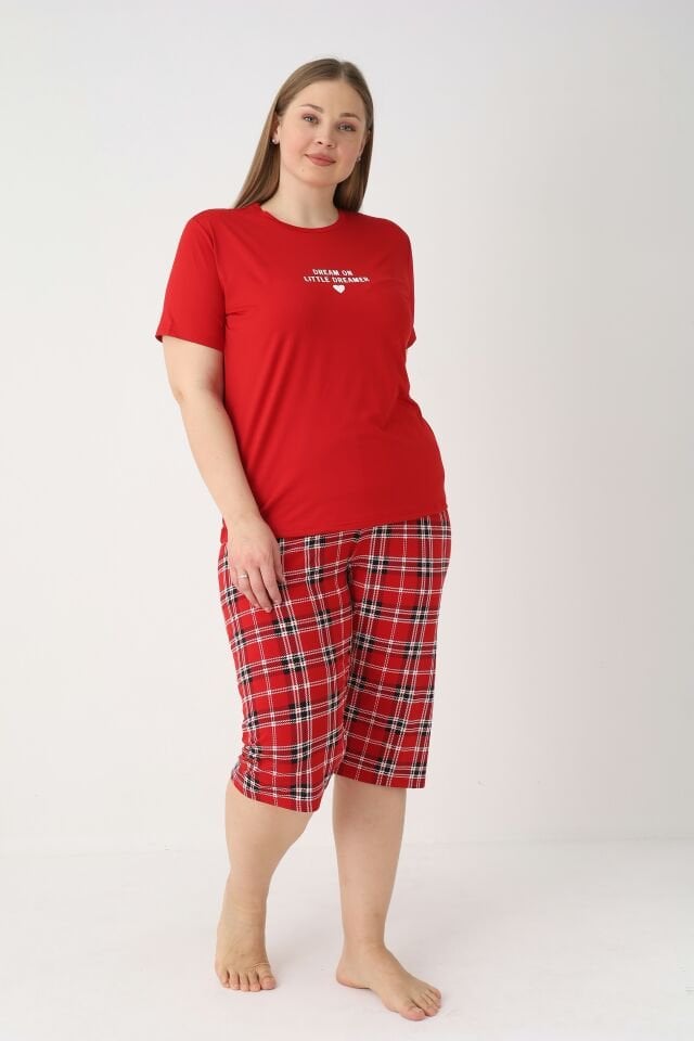 Estiva Kadın Kareli Alt Desenli Kırmızı Kısa Kollu Kaprili Soft Battal Pijama Takımı
