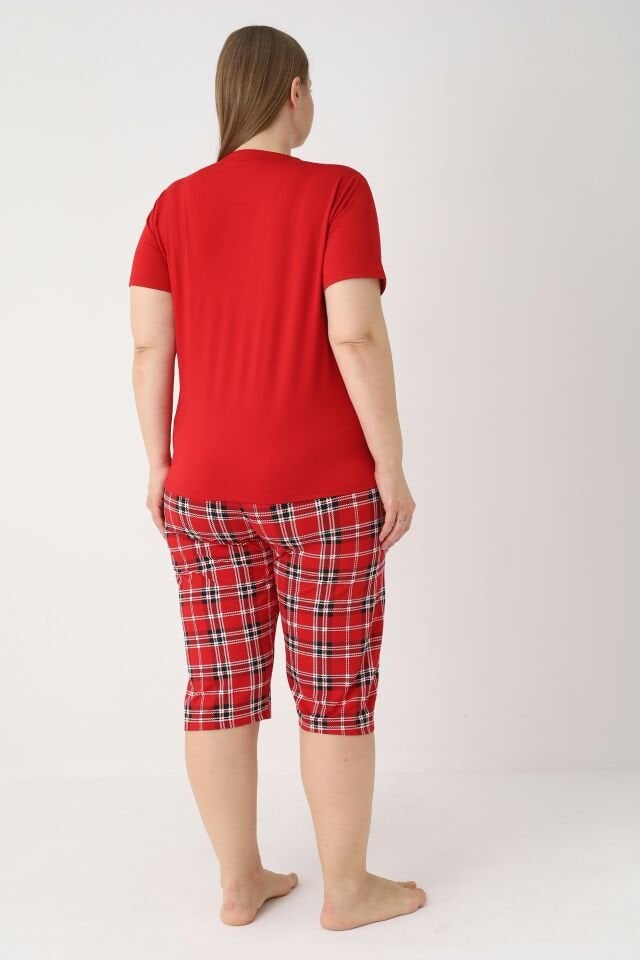 Estiva Kadın Kareli Alt Desenli Kırmızı Kısa Kollu Kaprili Soft Battal Pijama Takımı