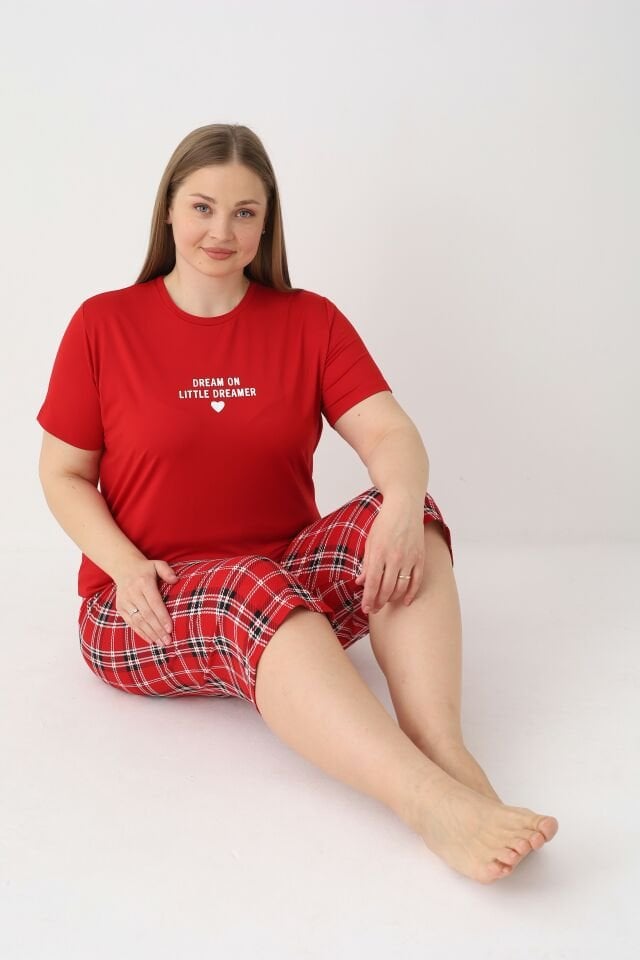 Estiva Kadın Kareli Alt Desenli Kırmızı Kısa Kollu Kaprili Soft Battal Pijama Takımı