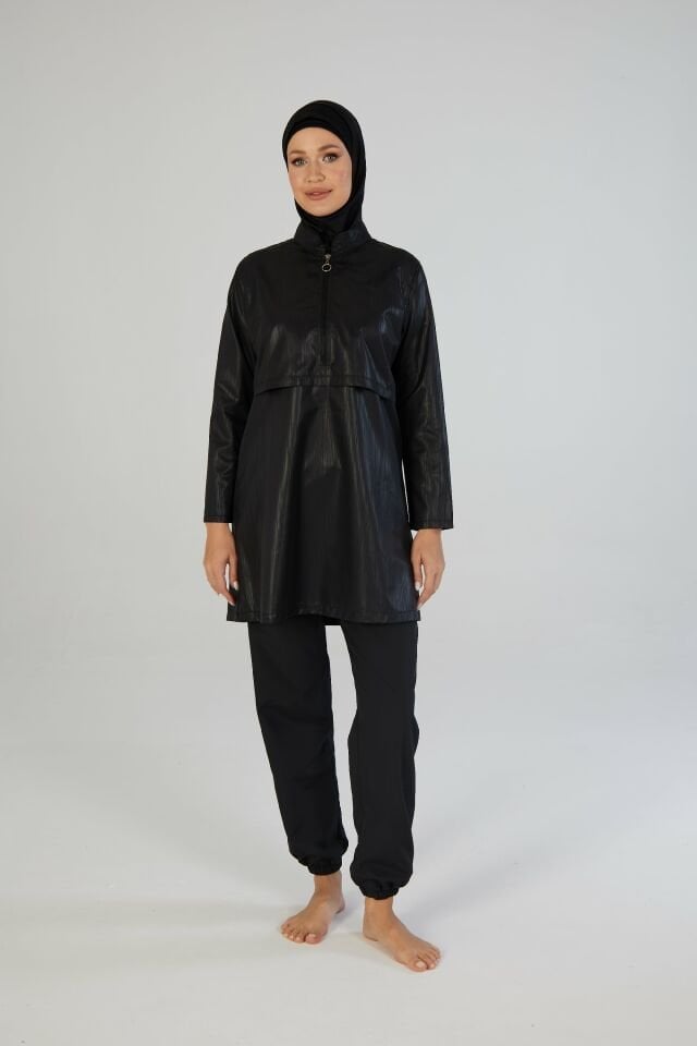 Estiva Tam Kapalı Pantolonlu Taş Baskılı Yarım Fermuarlı Tesettür Mayo Siyah