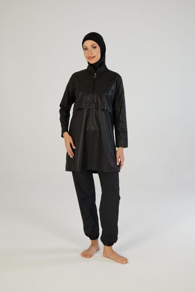 Estiva Tam Kapalı Pantolonlu Taş Baskılı Yarım Fermuarlı Tesettür Mayo Siyah