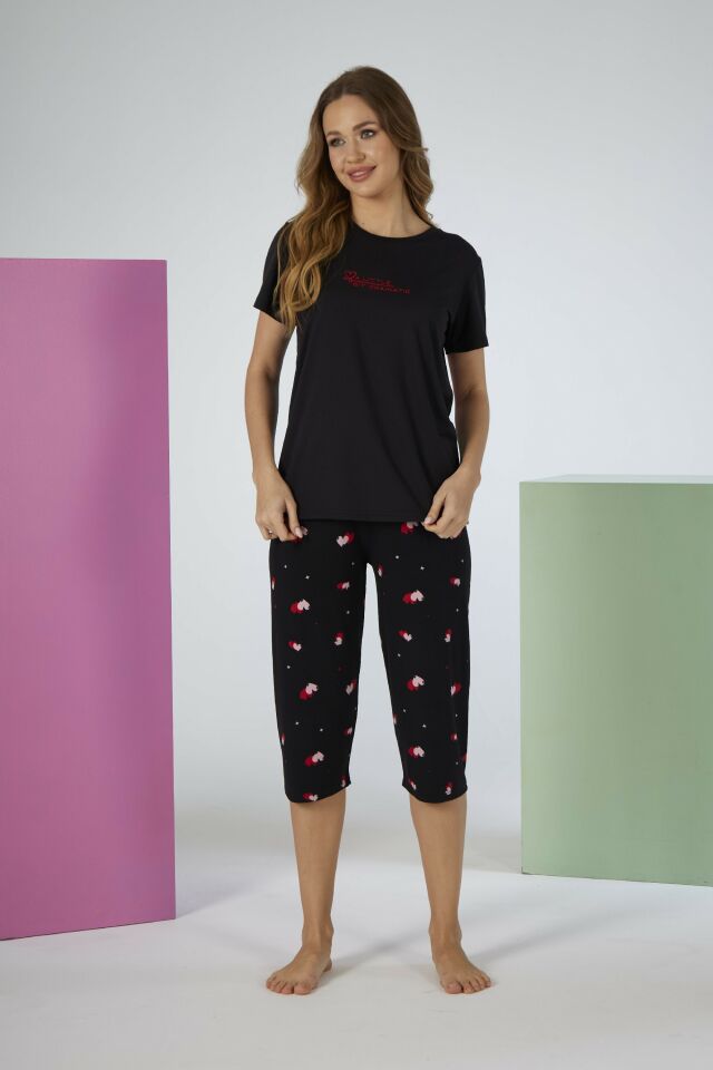 Estiva Kadın Kalp Alt Desenli Siyah Kısa Kollu Kaprili Soft Pijama Takımı