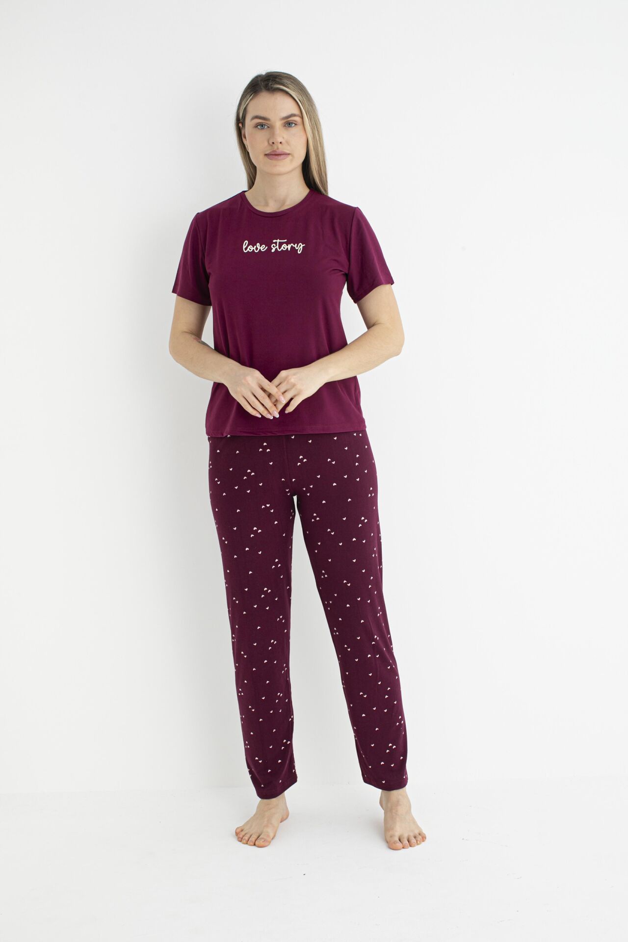 Kadın Yazlık Love Story Yazılı Kısa Kollu Soft Pijama Takımı - Bordo