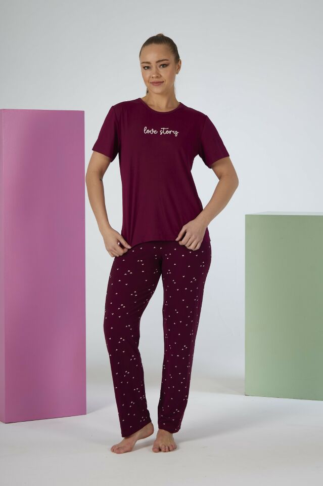 Kadın Yazlık Love Story Yazılı Kısa Kollu Soft Pijama Takımı - Bordo