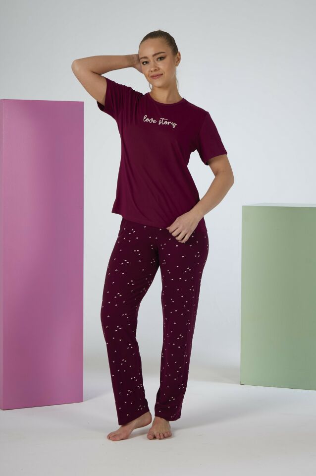 Kadın Yazlık Love Story Yazılı Kısa Kollu Soft Pijama Takımı - Bordo