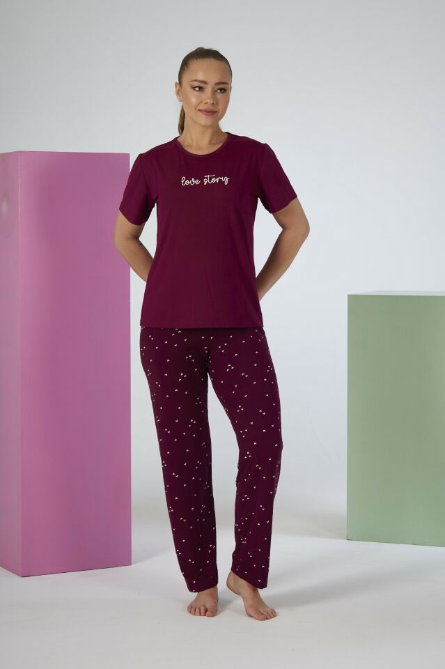 Kadın Yazlık Love Story Yazılı Kısa Kollu Soft Pijama Takımı - Bordo