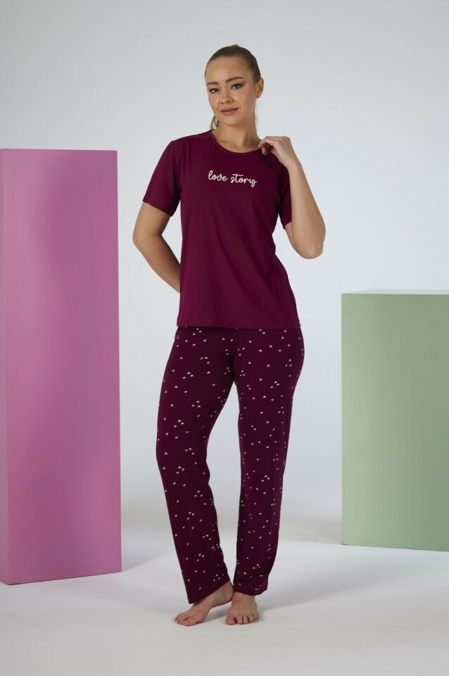 Kadın Yazlık Love Story Yazılı Kısa Kollu Soft Pijama Takımı - Bordo