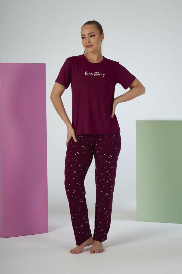 Kadın Yazlık Love Story Yazılı Kısa Kollu Soft Pijama Takımı - Bordo