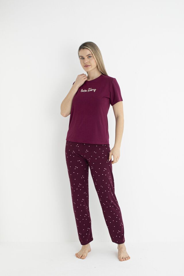 Kadın Yazlık Love Story Yazılı Kısa Kollu Soft Pijama Takımı - Bordo