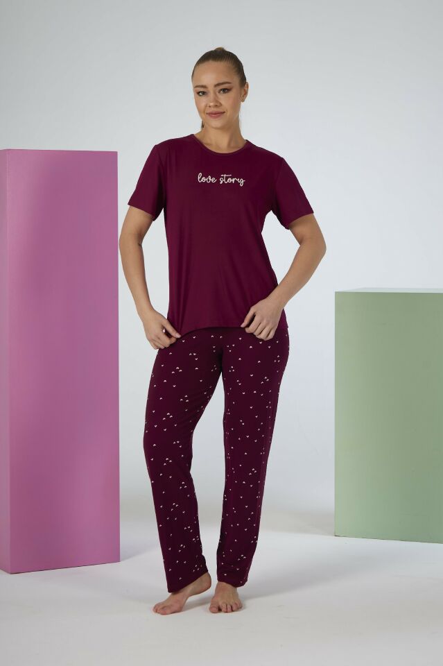 Kadın Yazlık Love Story Yazılı Kısa Kollu Soft Pijama Takımı - Bordo