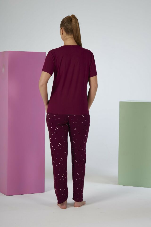 Kadın Yazlık Love Story Yazılı Kısa Kollu Soft Pijama Takımı - Bordo