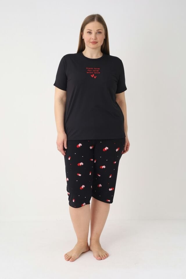 Estiva Kadın Kalp Alt Desenli Siyah Kısa Kollu Kaprili Soft Battal Pijama Takımı