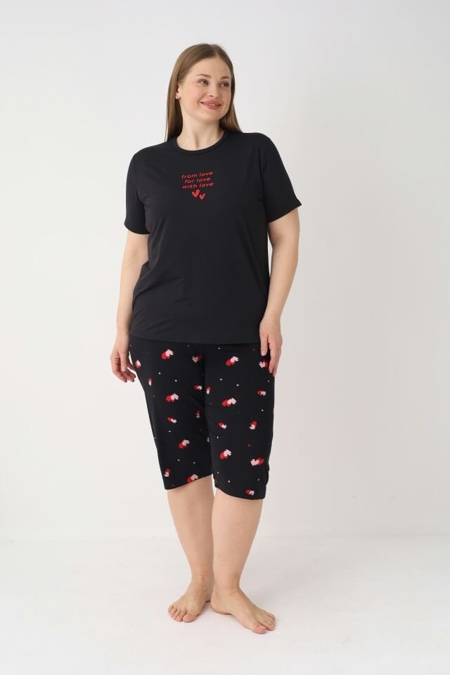 Estiva Kadın Kalp Alt Desenli Siyah Kısa Kollu Kaprili Soft Battal Pijama Takımı