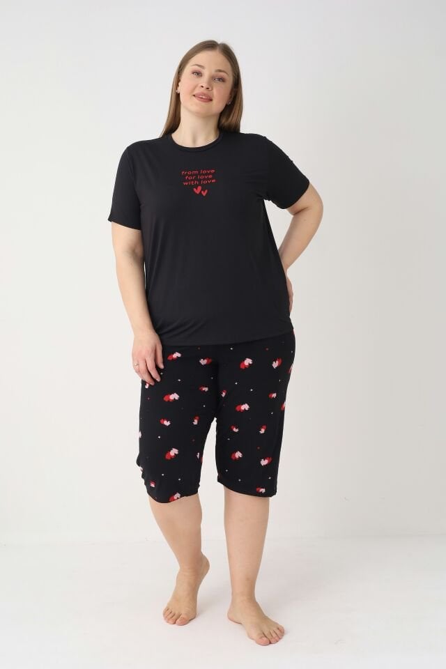 Estiva Kadın Kalp Alt Desenli Siyah Kısa Kollu Kaprili Soft Battal Pijama Takımı