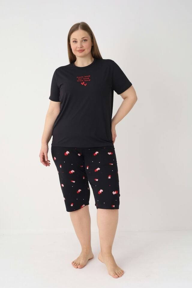 Estiva Kadın Kalp Alt Desenli Siyah Kısa Kollu Kaprili Soft Battal Pijama Takımı