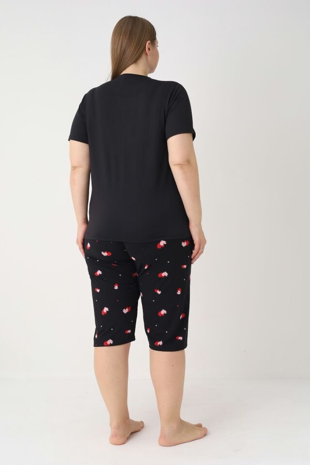 Estiva Kadın Kalp Alt Desenli Siyah Kısa Kollu Kaprili Soft Battal Pijama Takımı