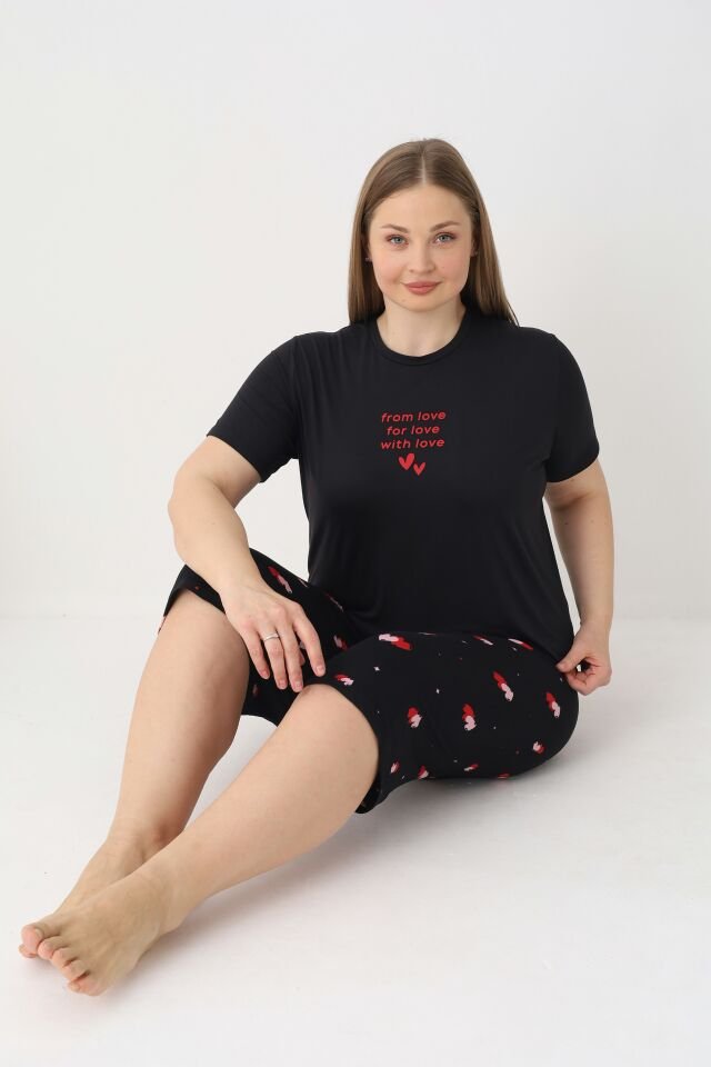 Estiva Kadın Kalp Alt Desenli Siyah Kısa Kollu Kaprili Soft Battal Pijama Takımı