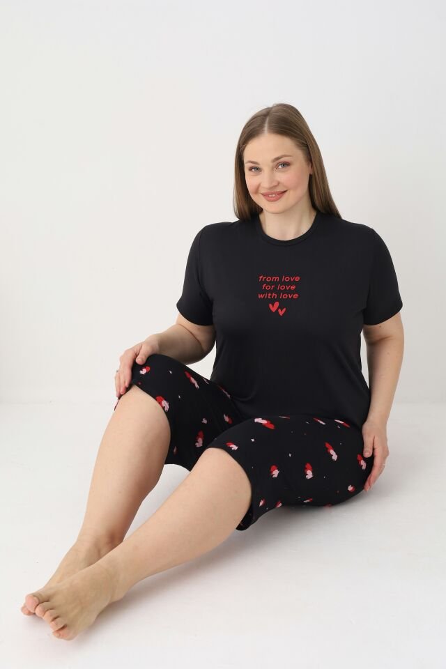 Estiva Kadın Kalp Alt Desenli Siyah Kısa Kollu Kaprili Soft Battal Pijama Takımı