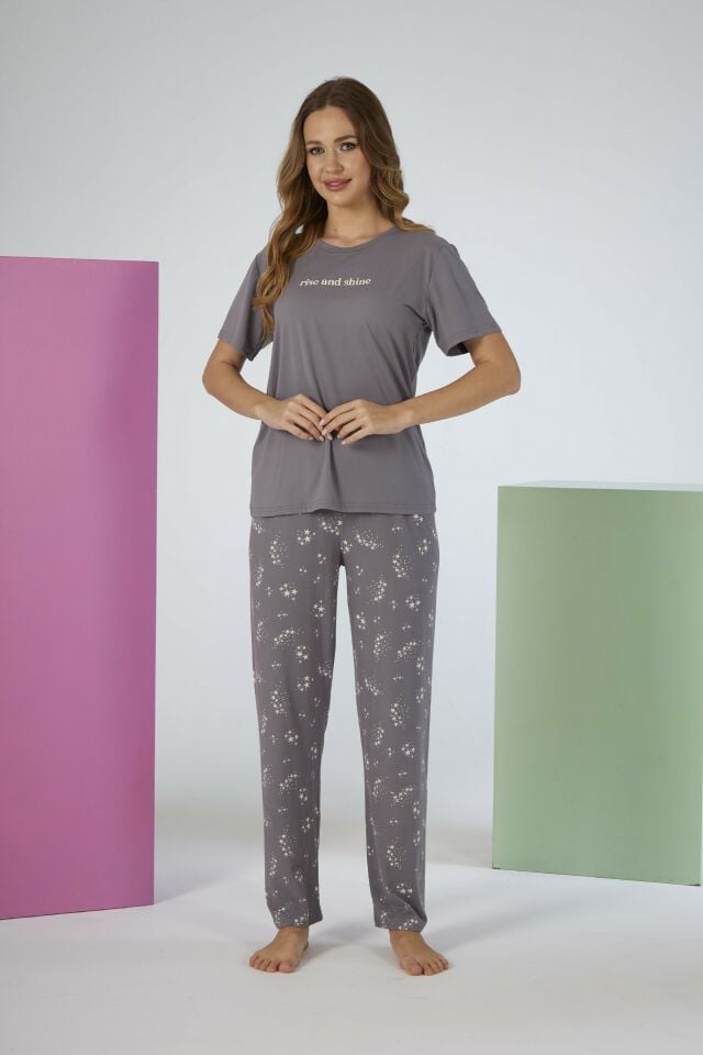 Kadın Yazlık Rise and Shine Yazılı Kısa Kollu Soft Pijama Takımı - Gri