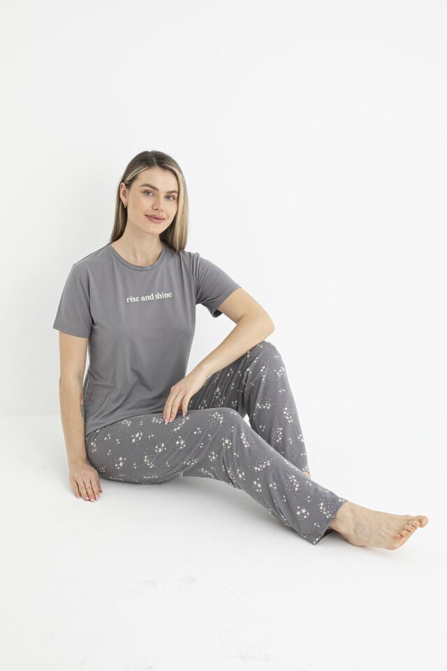 Kadın Yazlık Rise and Shine Yazılı Kısa Kollu Soft Pijama Takımı - Gri