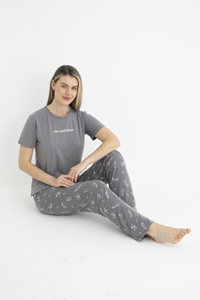 Kadın Yazlık Rise and Shine Yazılı Kısa Kollu Soft Pijama Takımı - Gri