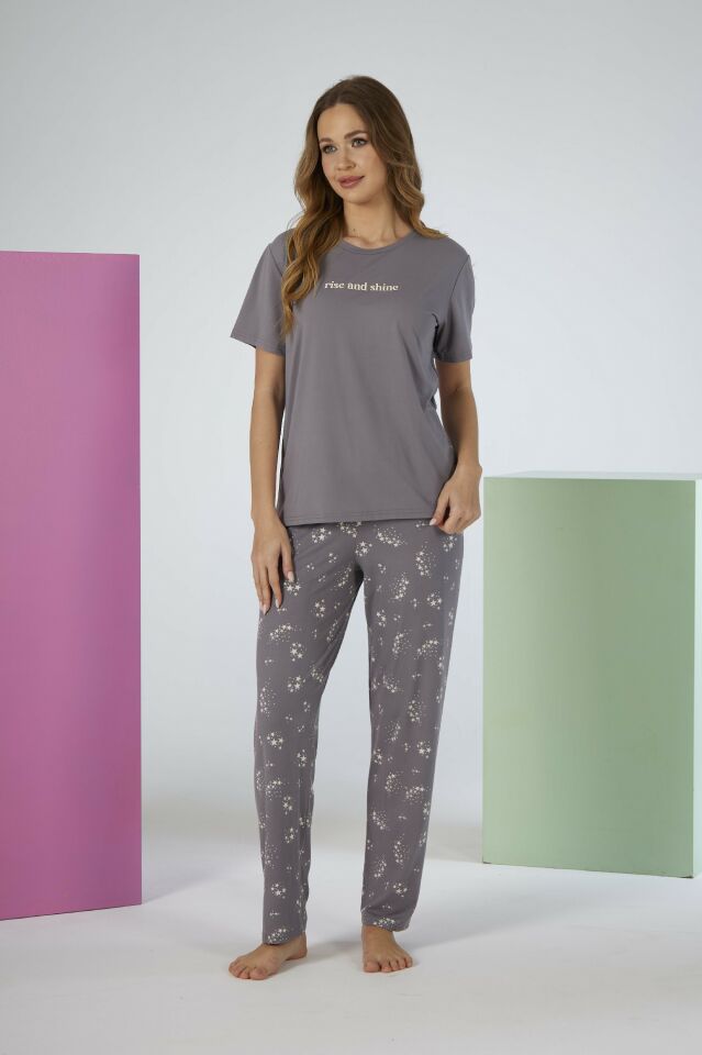 Kadın Yazlık Rise and Shine Yazılı Kısa Kollu Soft Pijama Takımı - Gri