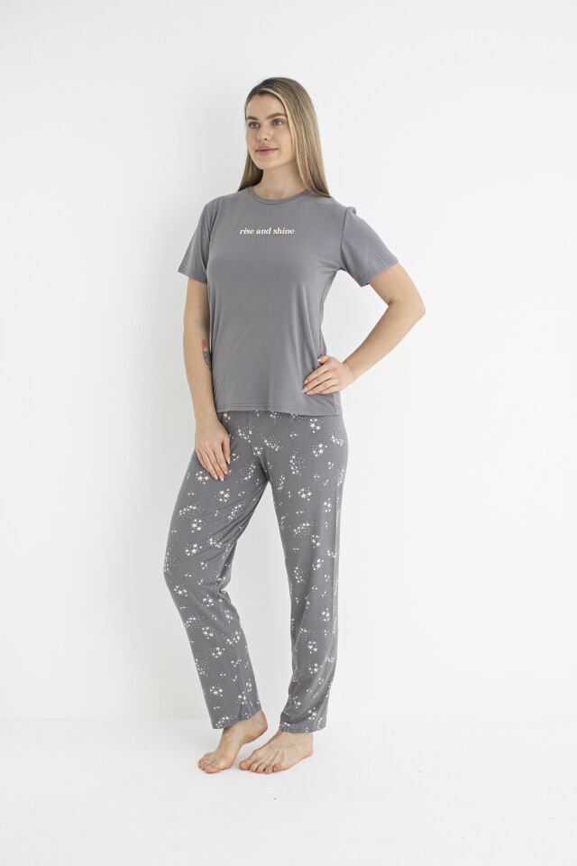 Kadın Yazlık Rise and Shine Yazılı Kısa Kollu Soft Pijama Takımı - Gri