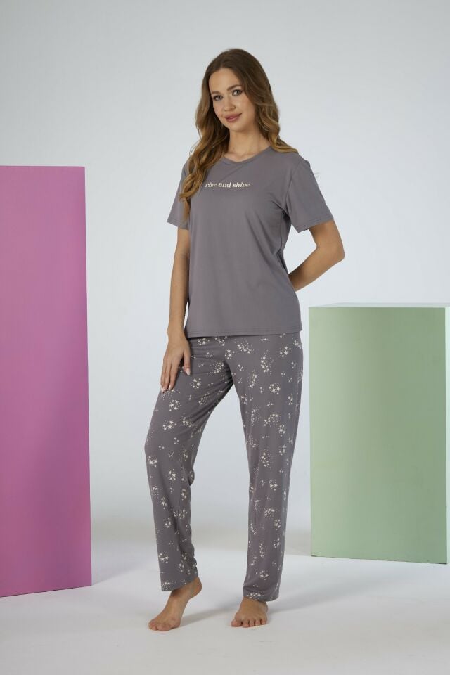 Kadın Yazlık Rise and Shine Yazılı Kısa Kollu Soft Pijama Takımı - Gri