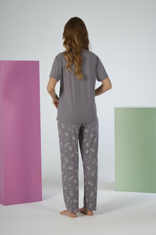 Kadın Yazlık Rise and Shine Yazılı Kısa Kollu Soft Pijama Takımı - Gri