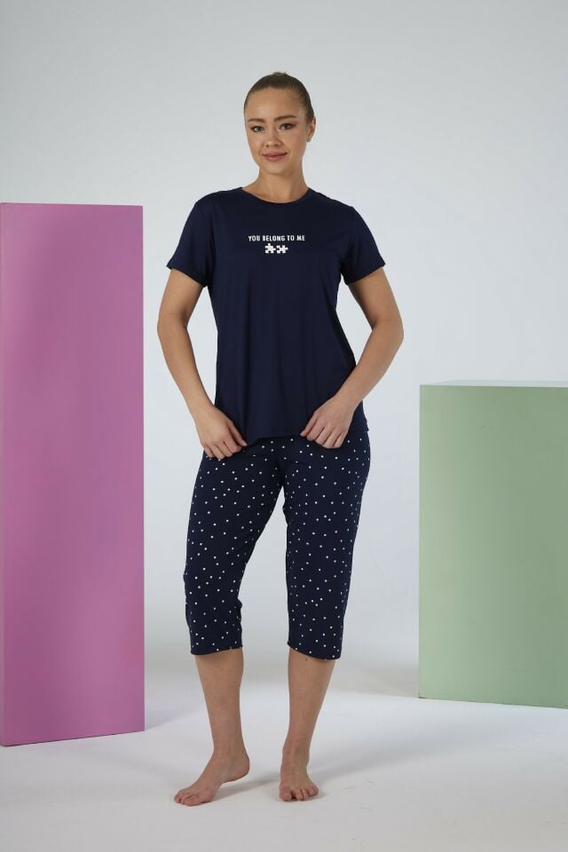 Estiva Kadın Puantiye Alt Desenli Lacivert Kısa Kollu Kaprili Soft Pijama Takımı