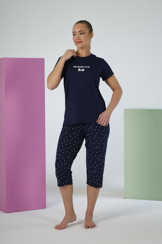 Estiva Kadın Puantiye Alt Desenli Lacivert Kısa Kollu Kaprili Soft Pijama Takımı
