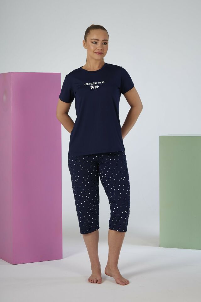 Estiva Kadın Puantiye Alt Desenli Lacivert Kısa Kollu Kaprili Soft Pijama Takımı
