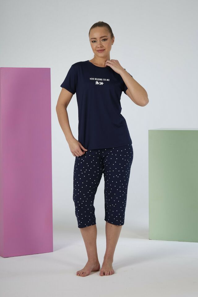 Estiva Kadın Puantiye Alt Desenli Lacivert Kısa Kollu Kaprili Soft Pijama Takımı