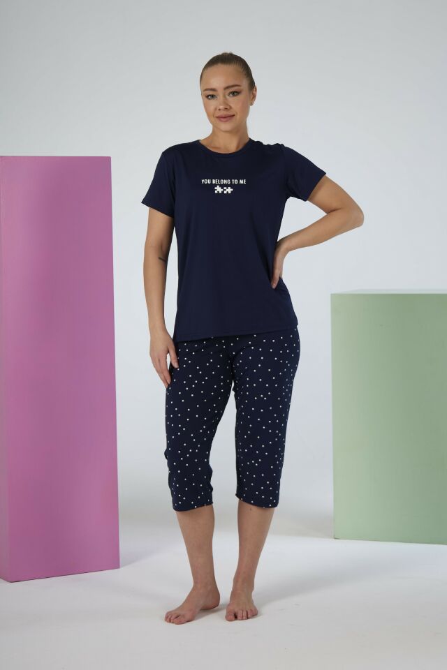 Estiva Kadın Puantiye Alt Desenli Lacivert Kısa Kollu Kaprili Soft Pijama Takımı