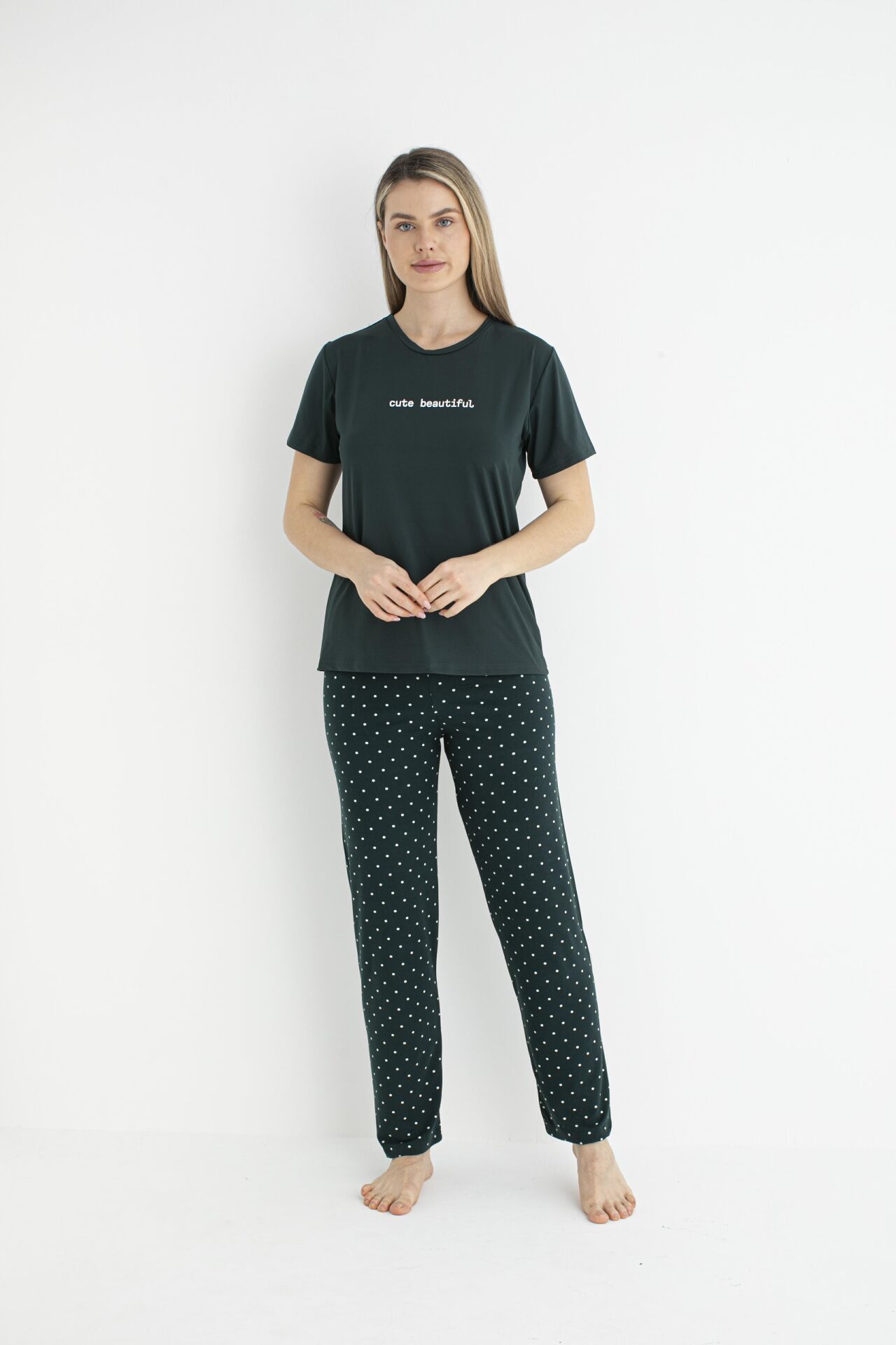 Kadın Yazlık Cute Beautiful Yazılı Kısa Kollu Soft Pijama Takımı - Lacivert