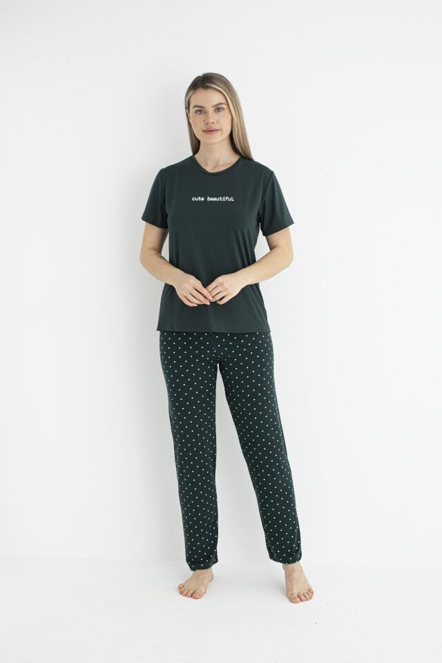 Kadın Yazlık Cute Beautiful Yazılı Kısa Kollu Soft Pijama Takımı - Lacivert