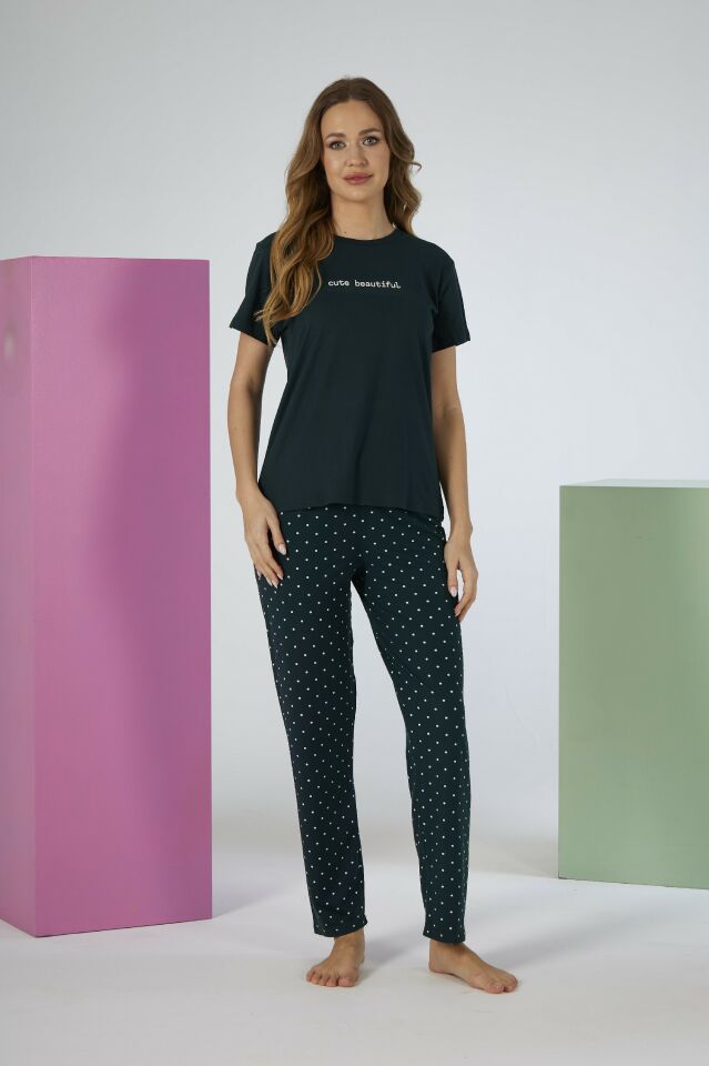 Kadın Yazlık Cute Beautiful Yazılı Kısa Kollu Soft Pijama Takımı - Lacivert