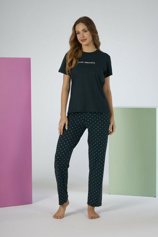 Kadın Yazlık Cute Beautiful Yazılı Kısa Kollu Soft Pijama Takımı - Lacivert