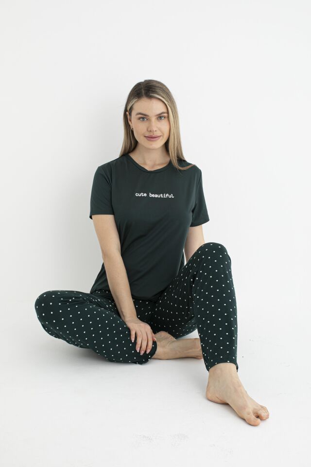 Kadın Yazlık Cute Beautiful Yazılı Kısa Kollu Soft Pijama Takımı - Lacivert