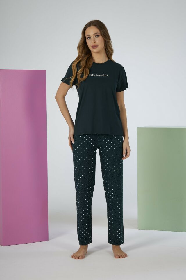 Kadın Yazlık Cute Beautiful Yazılı Kısa Kollu Soft Pijama Takımı - Lacivert