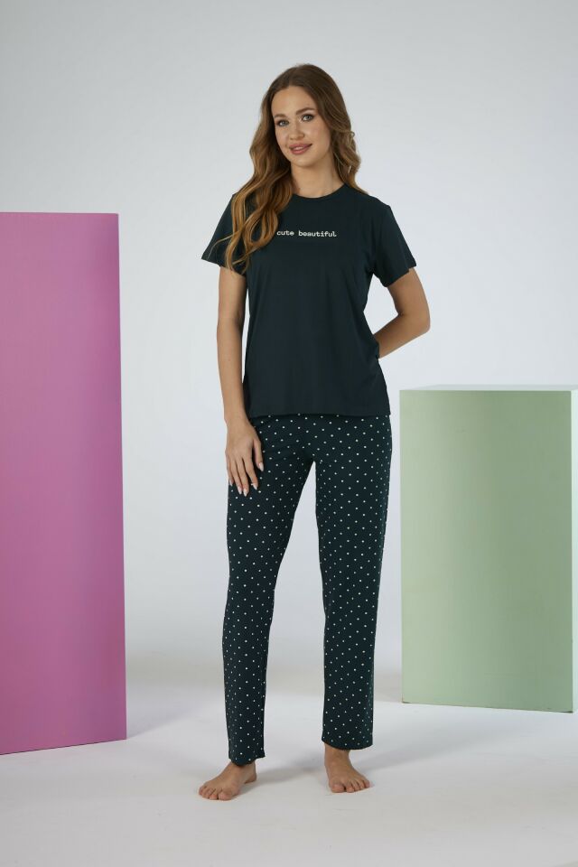 Kadın Yazlık Cute Beautiful Yazılı Kısa Kollu Soft Pijama Takımı - Lacivert