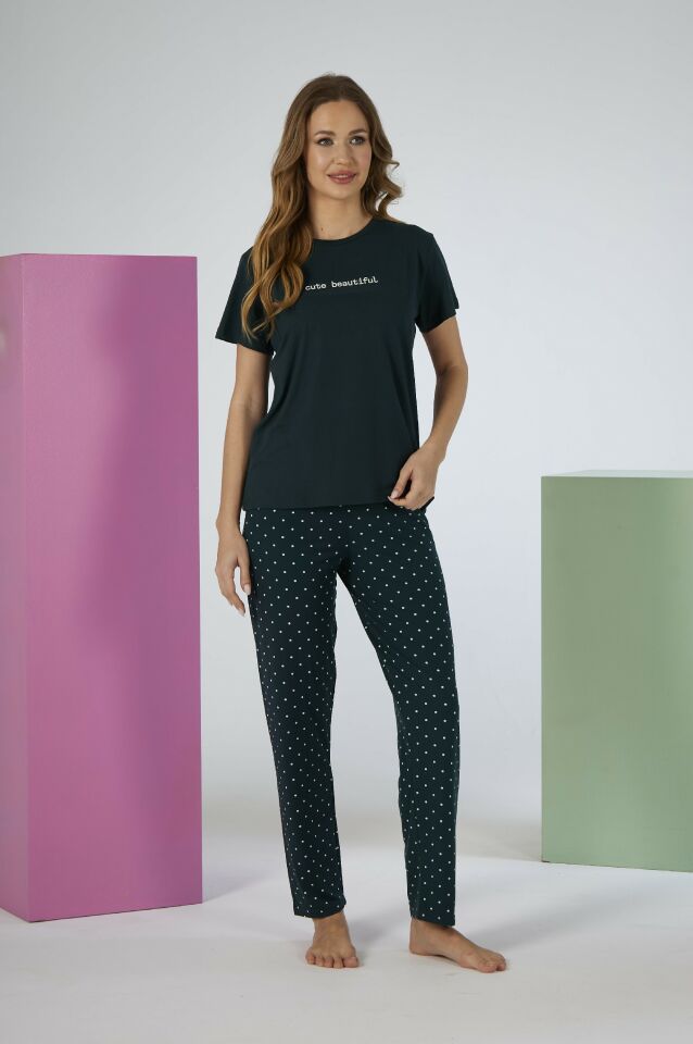 Kadın Yazlık Cute Beautiful Yazılı Kısa Kollu Soft Pijama Takımı - Lacivert