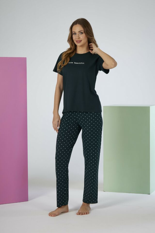 Kadın Yazlık Cute Beautiful Yazılı Kısa Kollu Soft Pijama Takımı - Lacivert