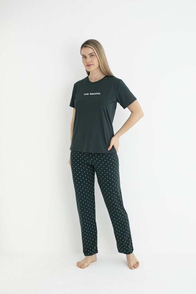 Kadın Yazlık Cute Beautiful Yazılı Kısa Kollu Soft Pijama Takımı - Lacivert