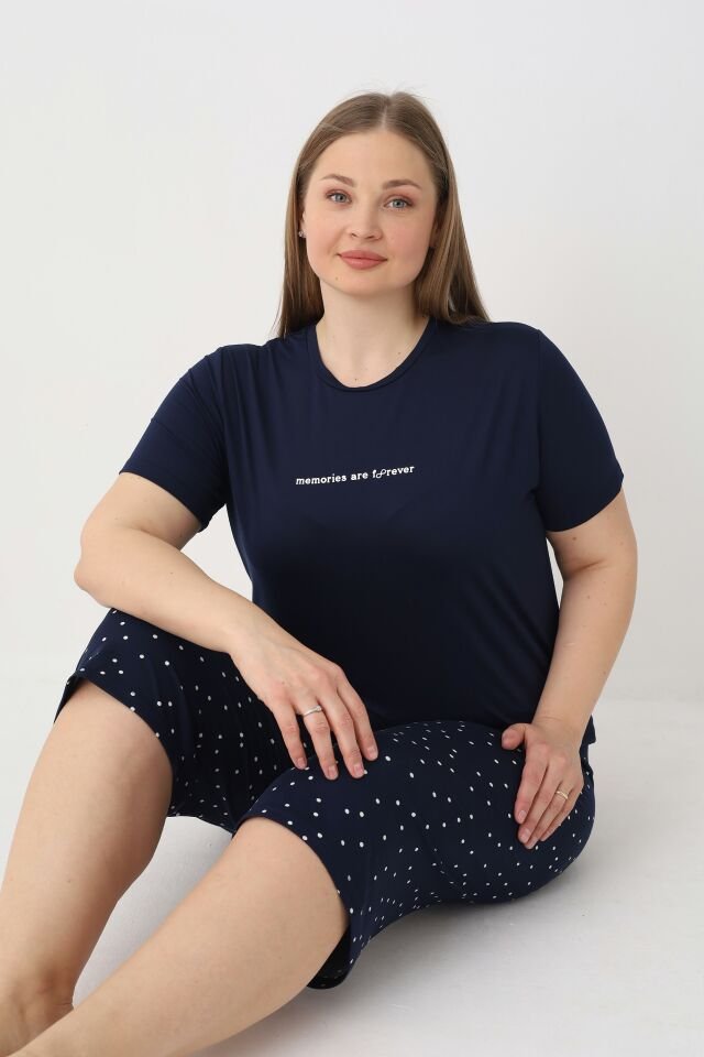 Estiva Kadın Puantiye Alt Desenli Lacivert Kısa Kollu Kaprili Soft Battal Pijama Takımı