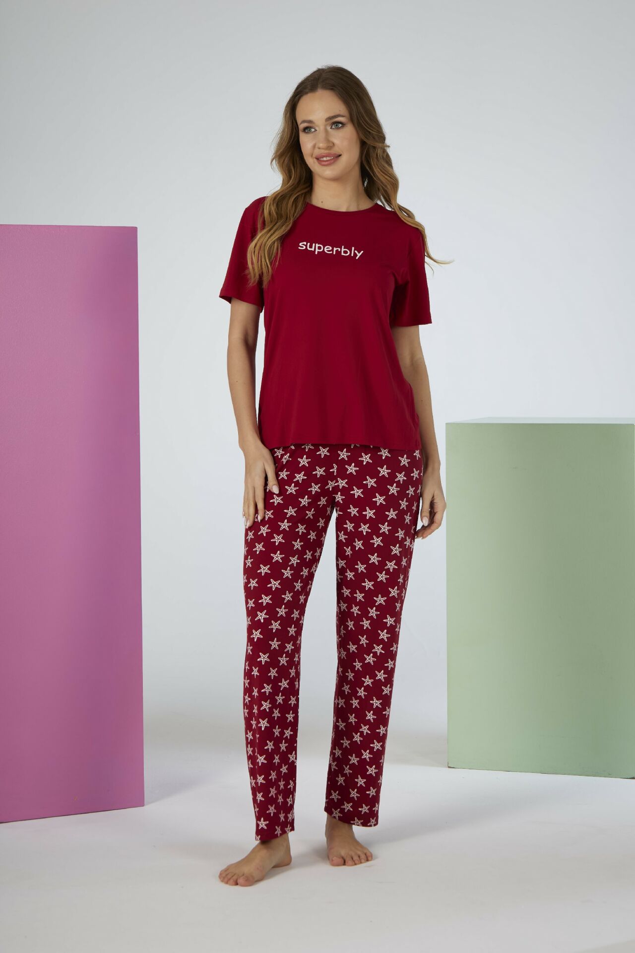 Kadın Yazlık Superbly Yazılı Kısa Kollu Soft Pijama Takımı - Kırmızı